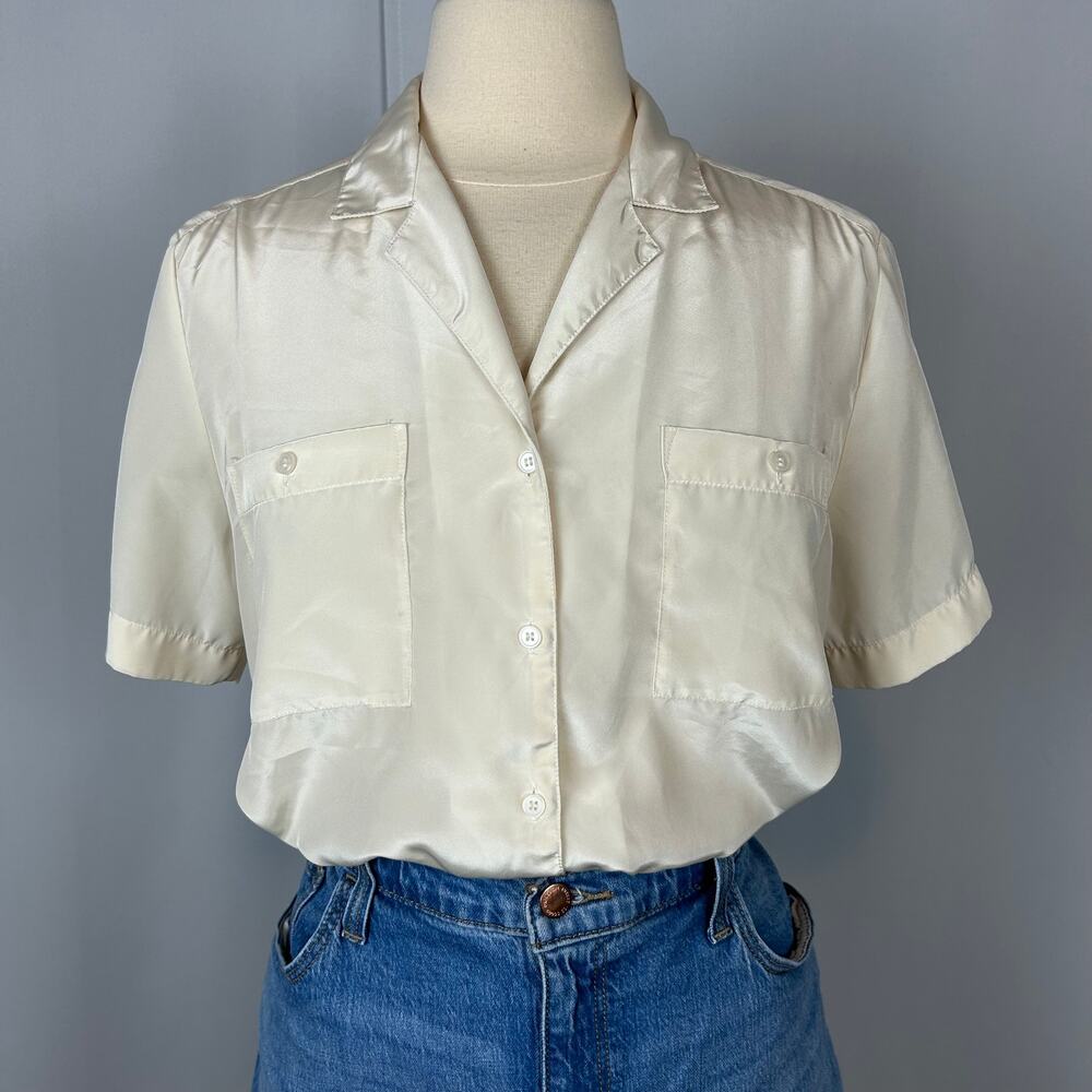 Vtg Blouse Top Size 14 Cream Slinky Satin Minimal Casual Lightweight Academia